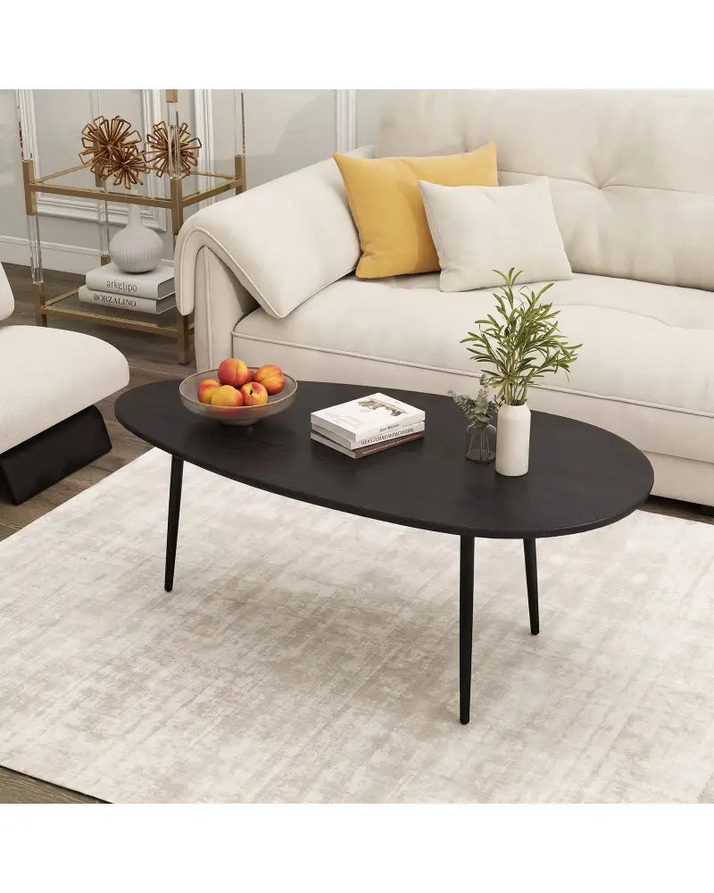 Oval Coffee Table Mid Century Center Table with Sturdy Metal Construction-Black - Black - Coffee Tables
