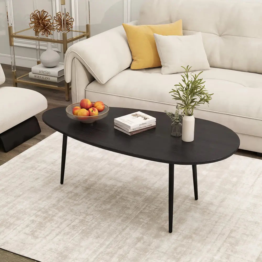 Oval Coffee Table Mid Century Center Table with Sturdy Metal Construction-Black - Black - Coffee Tables