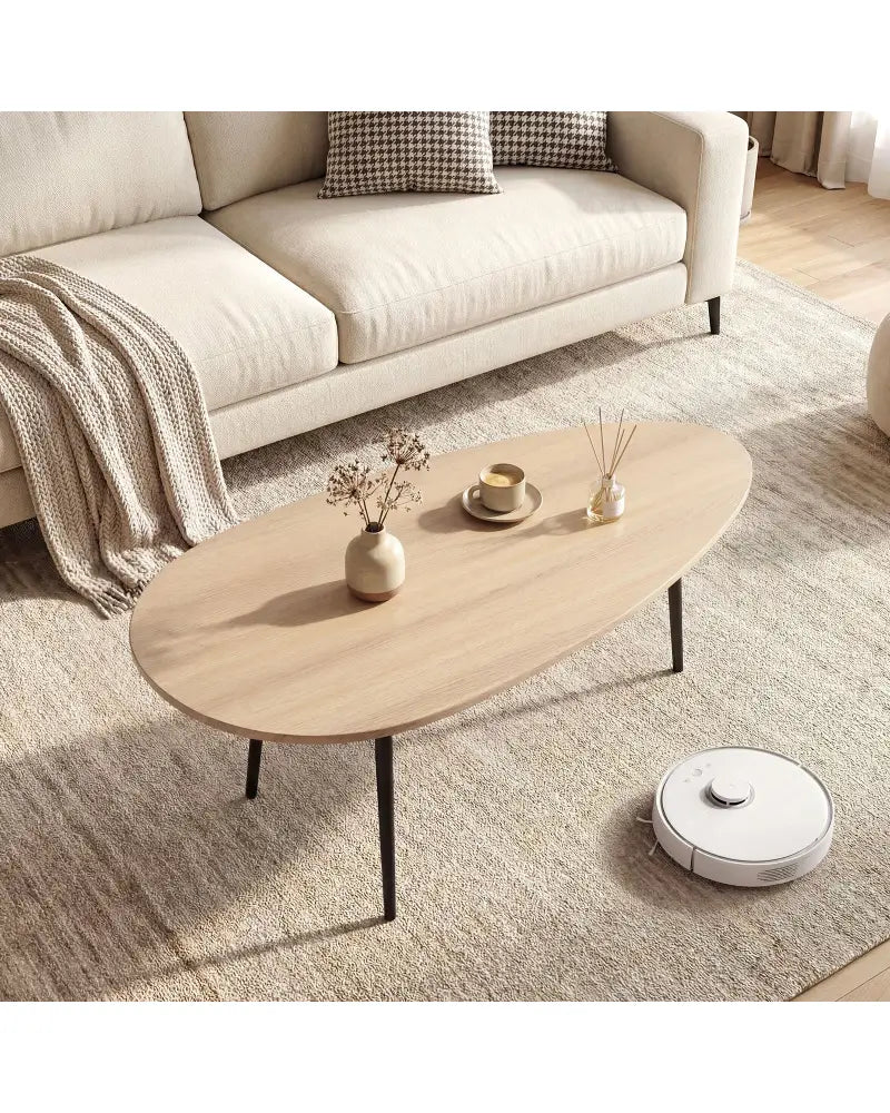 Oval Coffee Table Mid Century Center Table with Sturdy Metal Construction-Natural - Natural - Coffee Tables