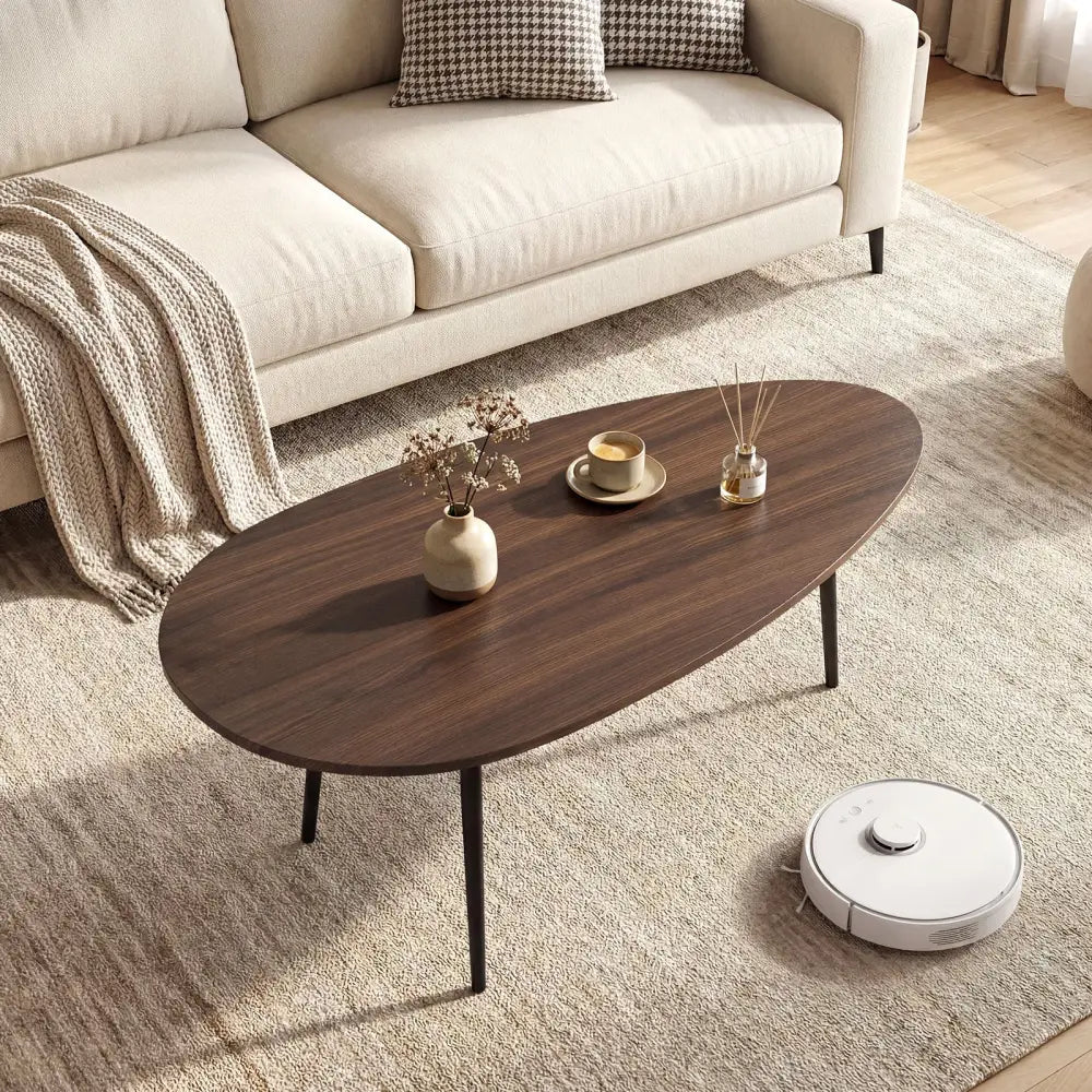 Oval Coffee Table Mid Century Center Table with Sturdy Metal Construction-Walnut - Walnut - Coffee Tables
