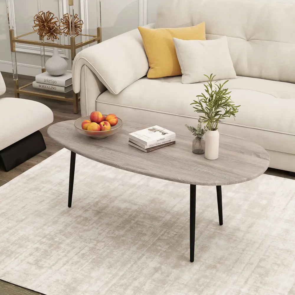 Oval Coffee Table Mid Century Center Table with Sturdy Metal Construction-Gray - Gray - Coffee Tables