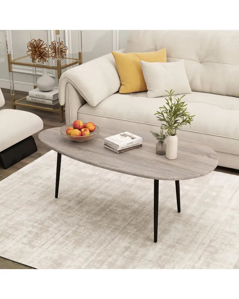 Oval Coffee Table Mid Century Center Table with Sturdy Metal Construction-Gray - Gray - Coffee Tables