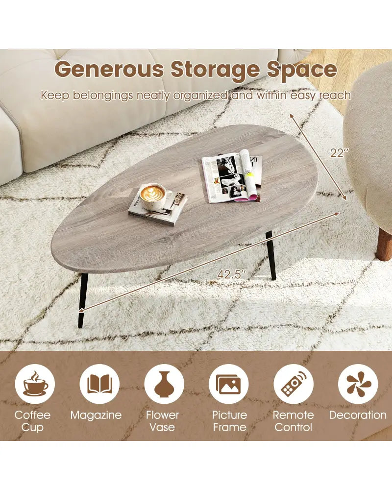Oval Coffee Table Mid Century Center Table with Sturdy Metal Construction-Gray - Gray - Coffee Tables
