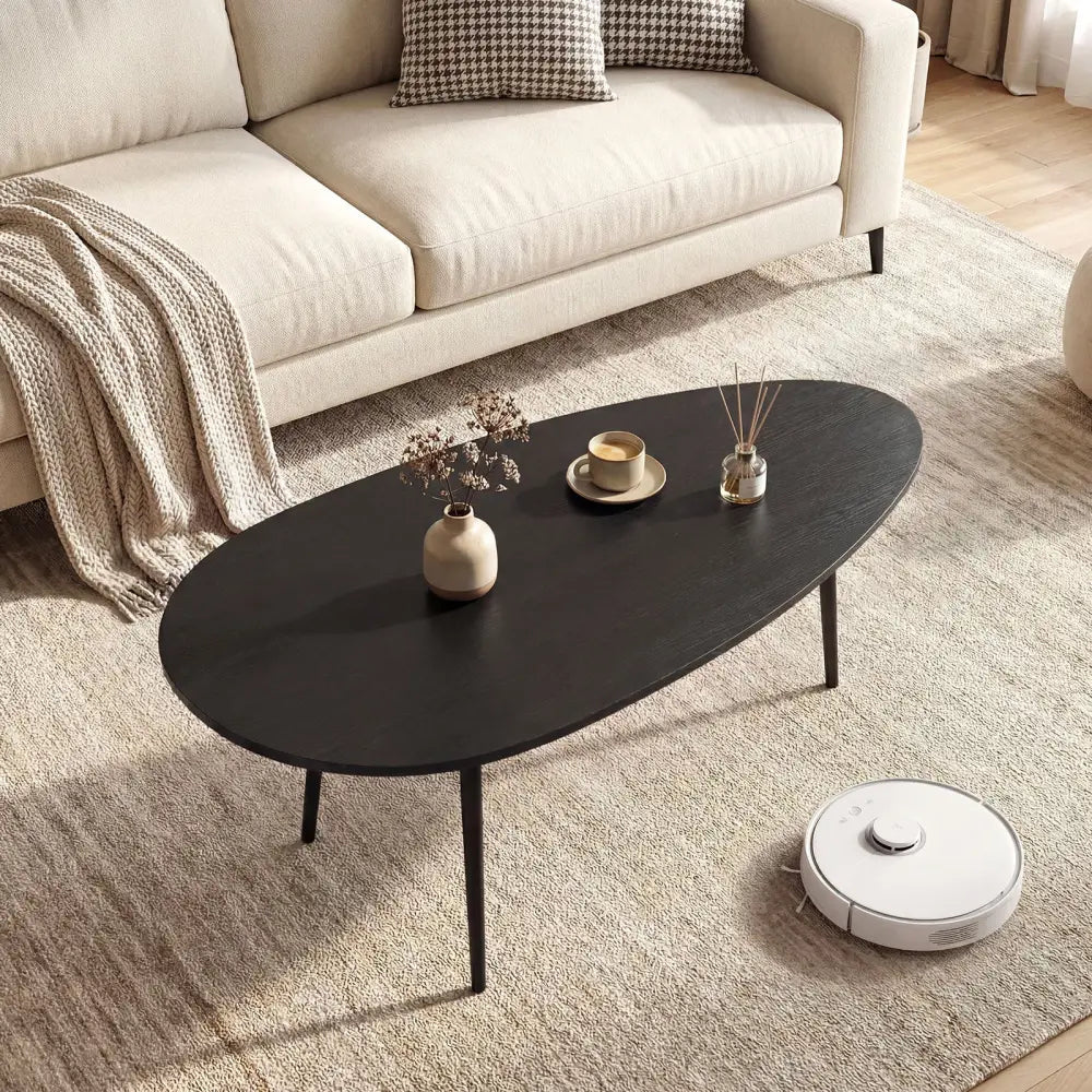 Oval Coffee Table Mid Century Center Table with Sturdy Metal Construction-Black - Black - Coffee Tables