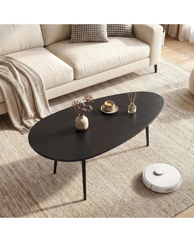 Oval Coffee Table Mid Century Center Table with Sturdy Metal Construction-Black - Black - Coffee Tables