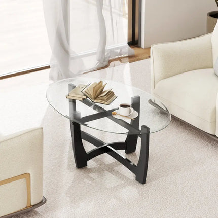 Oval Coffee Table with Tempered Glass Tabletop and Rubber Wood Legs-Black - Black - Coffee Tables