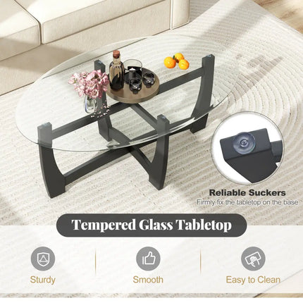 Oval Coffee Table with Tempered Glass Tabletop and Rubber Wood Legs-Black - Black - Coffee Tables