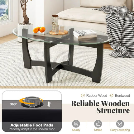 Oval Coffee Table with Tempered Glass Tabletop and Rubber Wood Legs-Black - Black - Coffee Tables