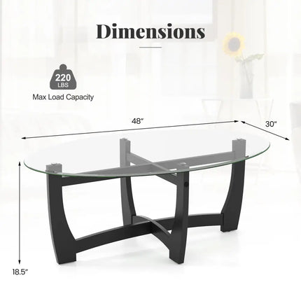 Oval Coffee Table with Tempered Glass Tabletop and Rubber Wood Legs-Black - Black - Coffee Tables
