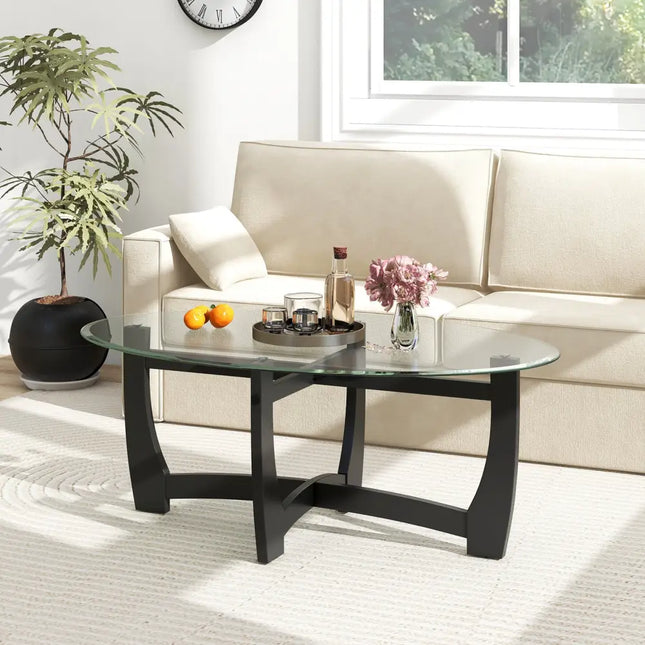 Oval Coffee Table with Tempered Glass Tabletop and Rubber Wood Legs-Black - Black - Coffee Tables