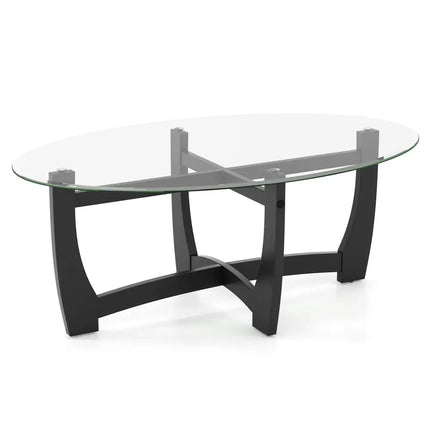 Oval Coffee Table with Tempered Glass Tabletop and Rubber Wood Legs-Black - Black - Coffee Tables
