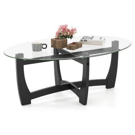 Oval Coffee Table with Tempered Glass Tabletop and Rubber Wood Legs-Black - Black - Coffee Tables