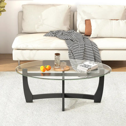 Oval Coffee Table with Tempered Glass Tabletop and Rubber Wood Legs-Black - Black - Coffee Tables