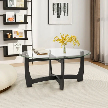 Oval Coffee Table with Tempered Glass Tabletop and Rubber Wood Legs-Black - Black - Coffee Tables