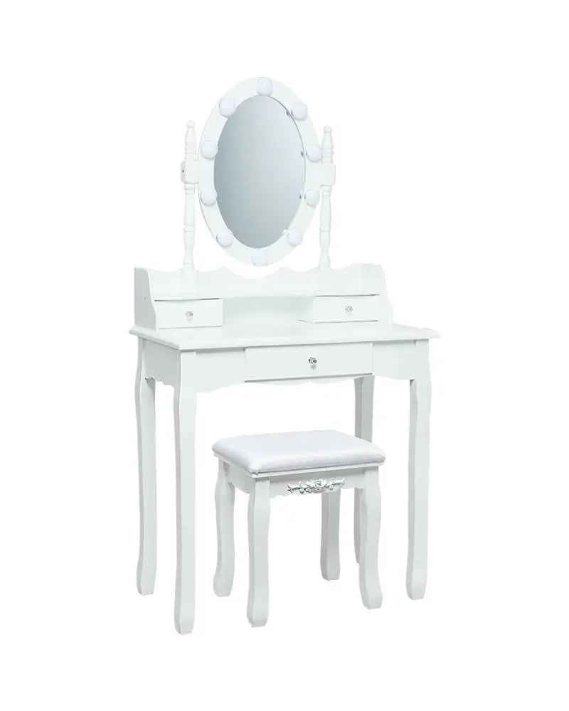 Oval Mirror Vanity Set with 10 LED Dimmable Bulbs and 3 Drawers-White - White - Makeup Vanities