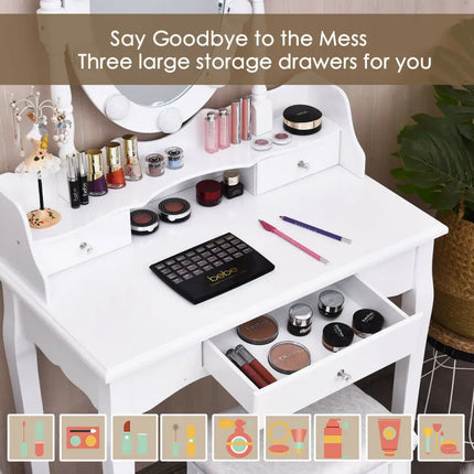 Oval Mirror Vanity Set with 10 LED Dimmable Bulbs and 3 Drawers-White - White - Makeup Vanities