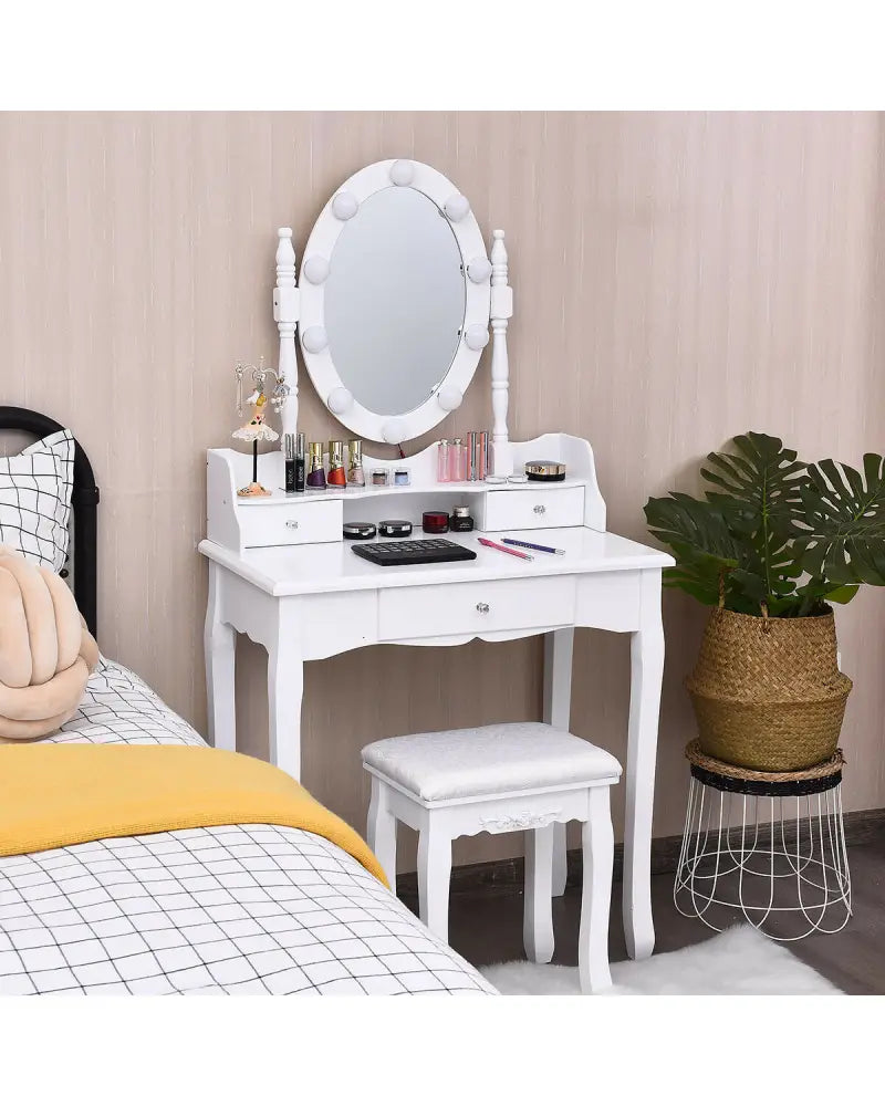 Oval Mirror Vanity Set with 10 LED Dimmable Bulbs and 3 Drawers-White - White - Makeup Vanities
