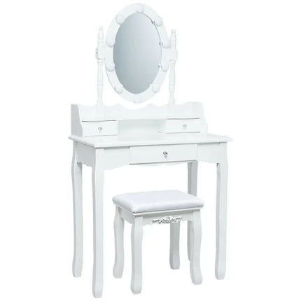 Oval Mirror Vanity Set with 10 LED Dimmable Bulbs and 3 Drawers-White - White - Makeup Vanities