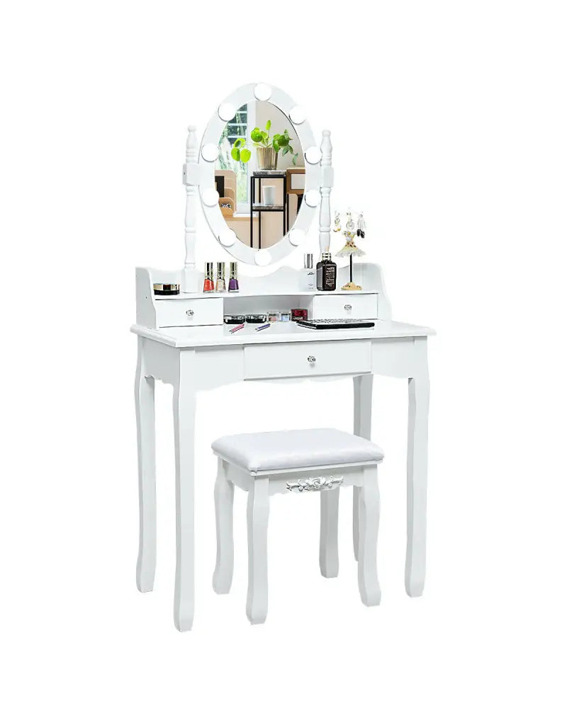 Oval Mirror Vanity Set with 10 LED Dimmable Bulbs and 3 Drawers-White - White - Makeup Vanities