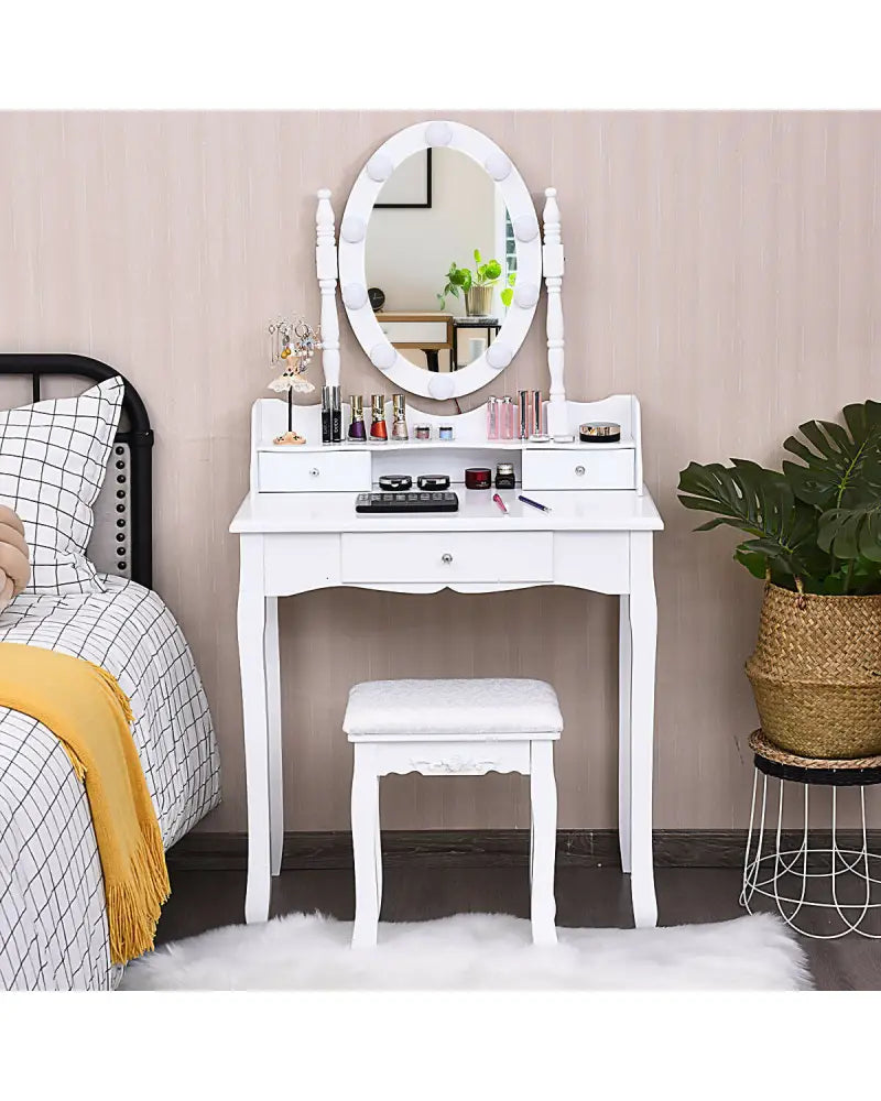 Oval Mirror Vanity Set with 10 LED Dimmable Bulbs and 3 Drawers-White - White - Makeup Vanities