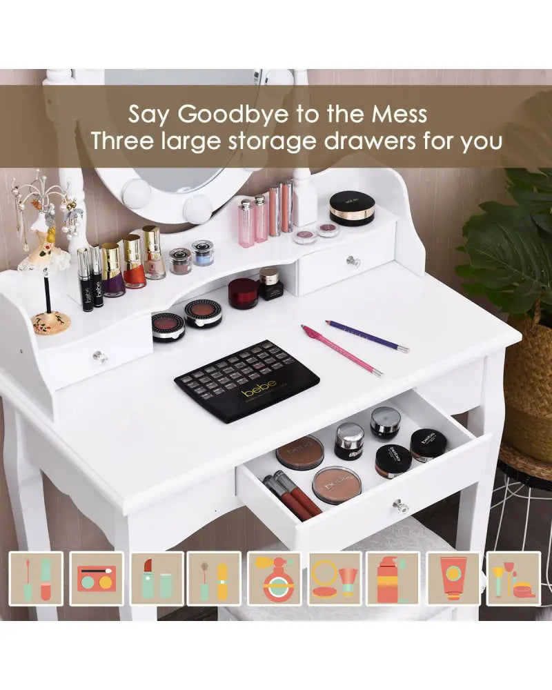 Oval Mirror Vanity Set with 10 LED Dimmable Bulbs and 3 Drawers-White - White - Makeup Vanities