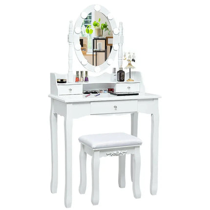 Oval Mirror Vanity Set with 10 LED Dimmable Bulbs and 3 Drawers-White - White - Makeup Vanities