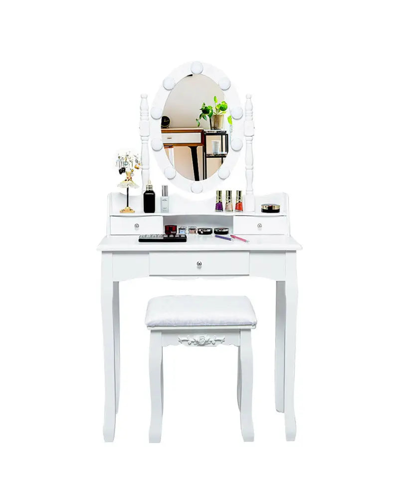 Oval Mirror Vanity Set with 10 LED Dimmable Bulbs and 3 Drawers-White - White - Makeup Vanities