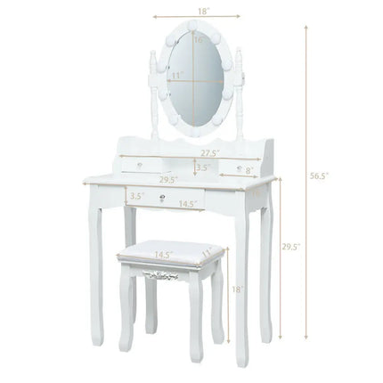 Oval Mirror Vanity Set with 10 LED Dimmable Bulbs and 3 Drawers-White - White - Makeup Vanities