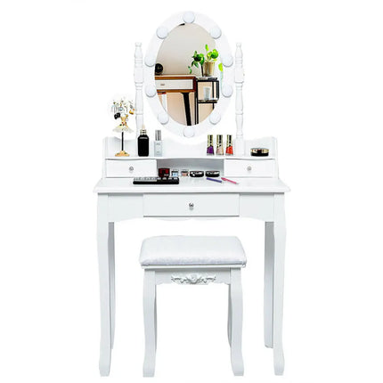 Oval Mirror Vanity Set with 10 LED Dimmable Bulbs and 3 Drawers-White - White - Makeup Vanities