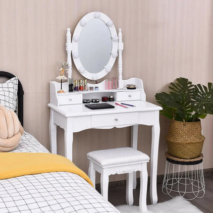 Oval Mirror Vanity Set with 10 LED Dimmable Bulbs and 3 Drawers-White - White - Makeup Vanities