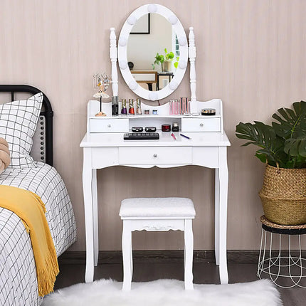 Oval Mirror Vanity Set with 10 LED Dimmable Bulbs and 3 Drawers-White - White - Makeup Vanities