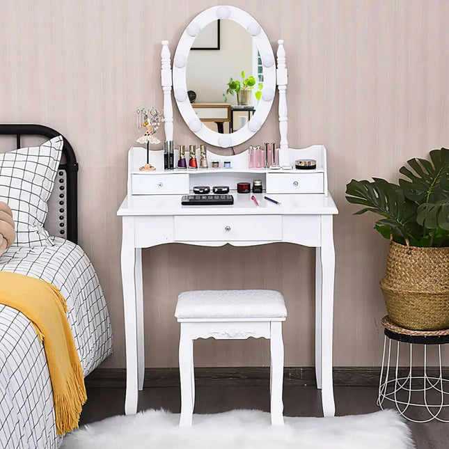 Oval Mirror Vanity Set with 10 LED Dimmable Bulbs and 3 Drawers-White - White - Makeup Vanities