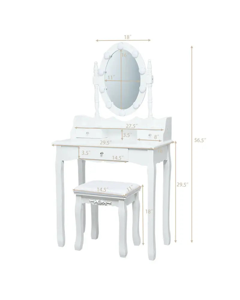 Oval Mirror Vanity Set with 10 LED Dimmable Bulbs and 3 Drawers-White - White - Makeup Vanities
