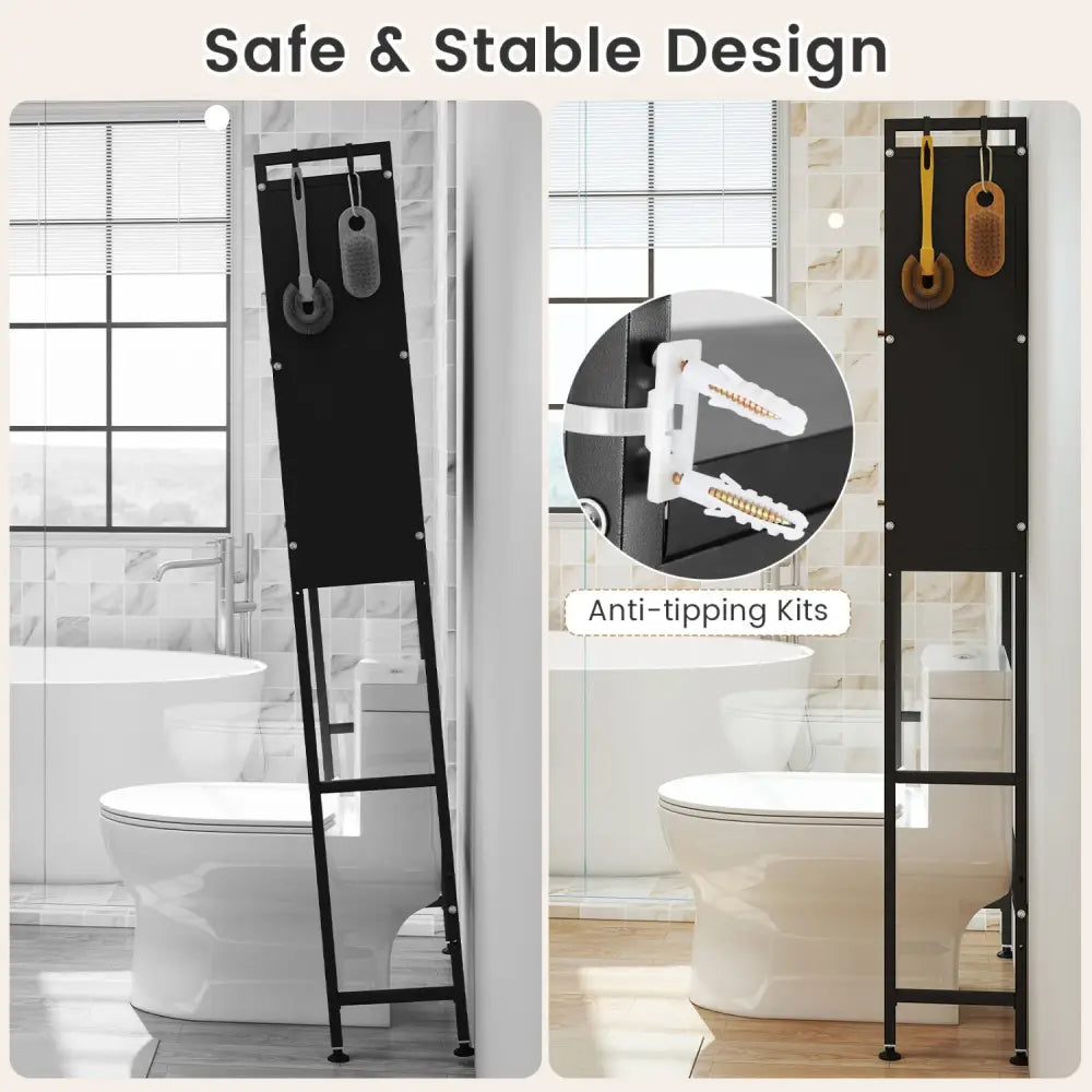 Over-the-toilet Cabinet Bathroom Organizer with 2 Flip-up Cabinets-Black - Black - Over the Toilet Storage
