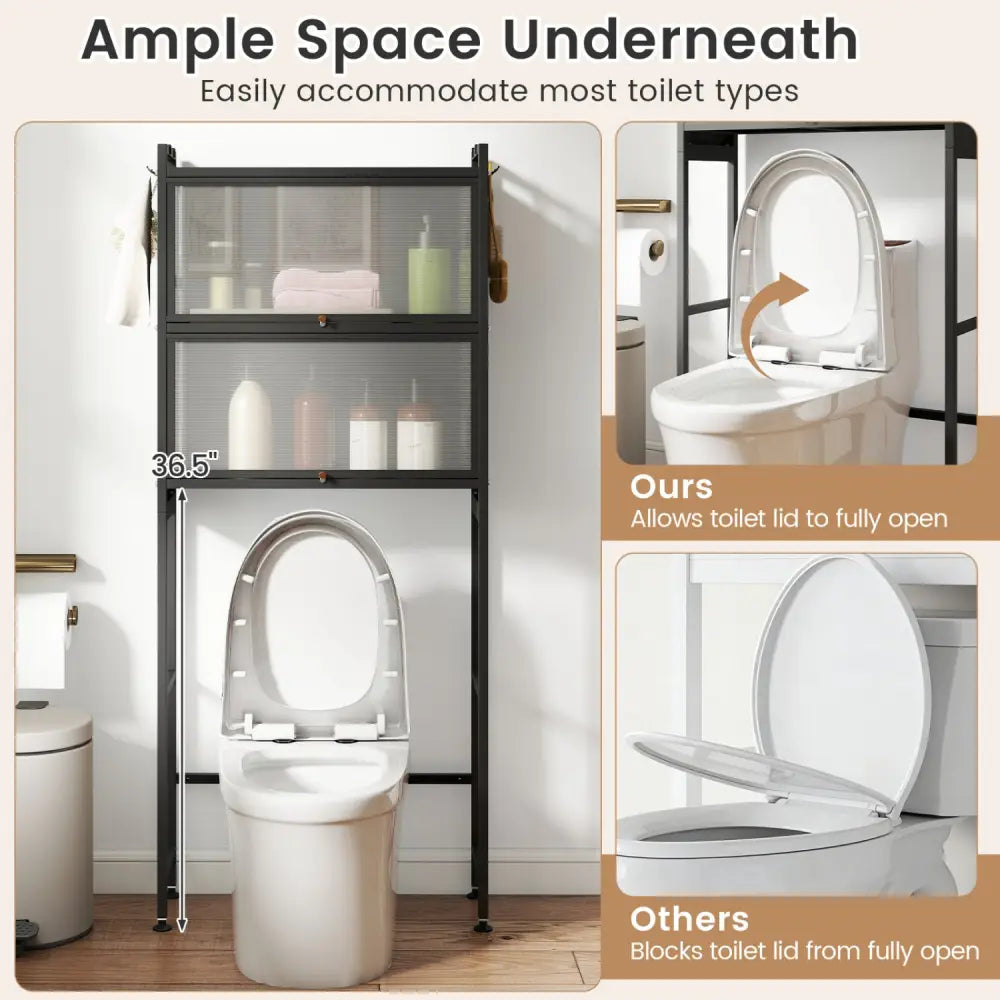 Over-the-toilet Cabinet Bathroom Organizer with 2 Flip-up Cabinets-Black - Black - Over the Toilet Storage