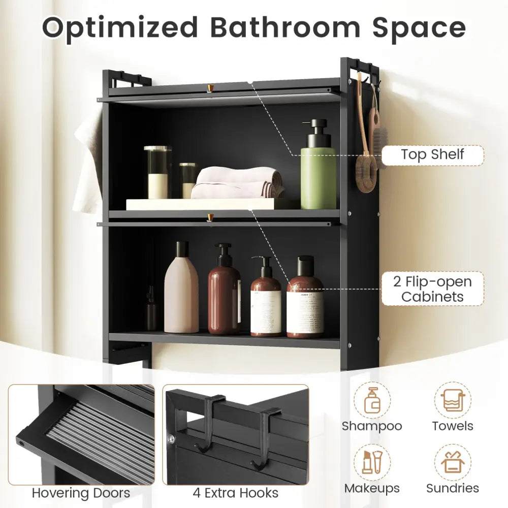 Over-the-toilet Cabinet Bathroom Organizer with 2 Flip-up Cabinets-Black - Black - Over the Toilet Storage
