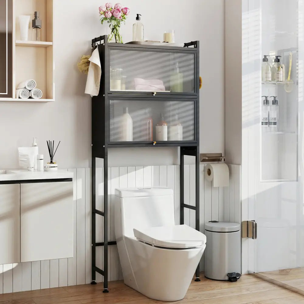 Over-the-toilet Cabinet Bathroom Organizer with 2 Flip-up Cabinets-Black - Black - Over the Toilet Storage