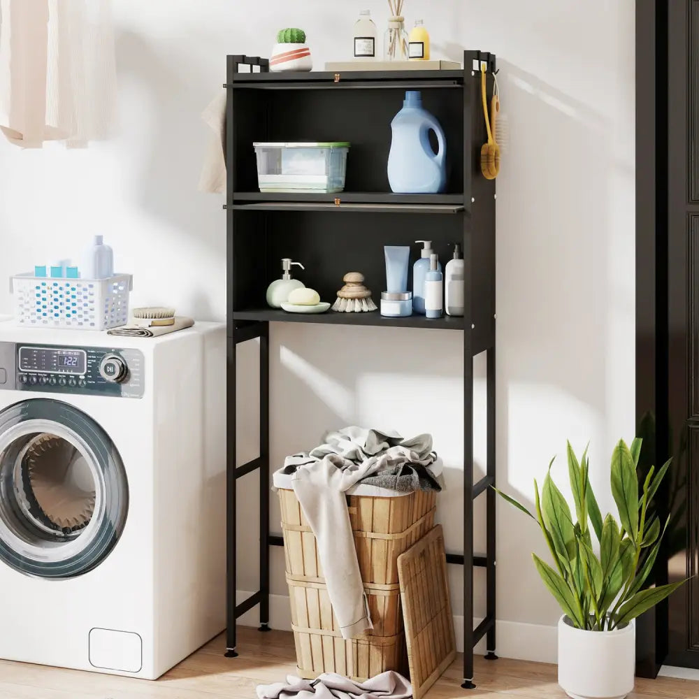Over-the-toilet Cabinet Bathroom Organizer with 2 Flip-up Cabinets-Black - Black - Over the Toilet Storage