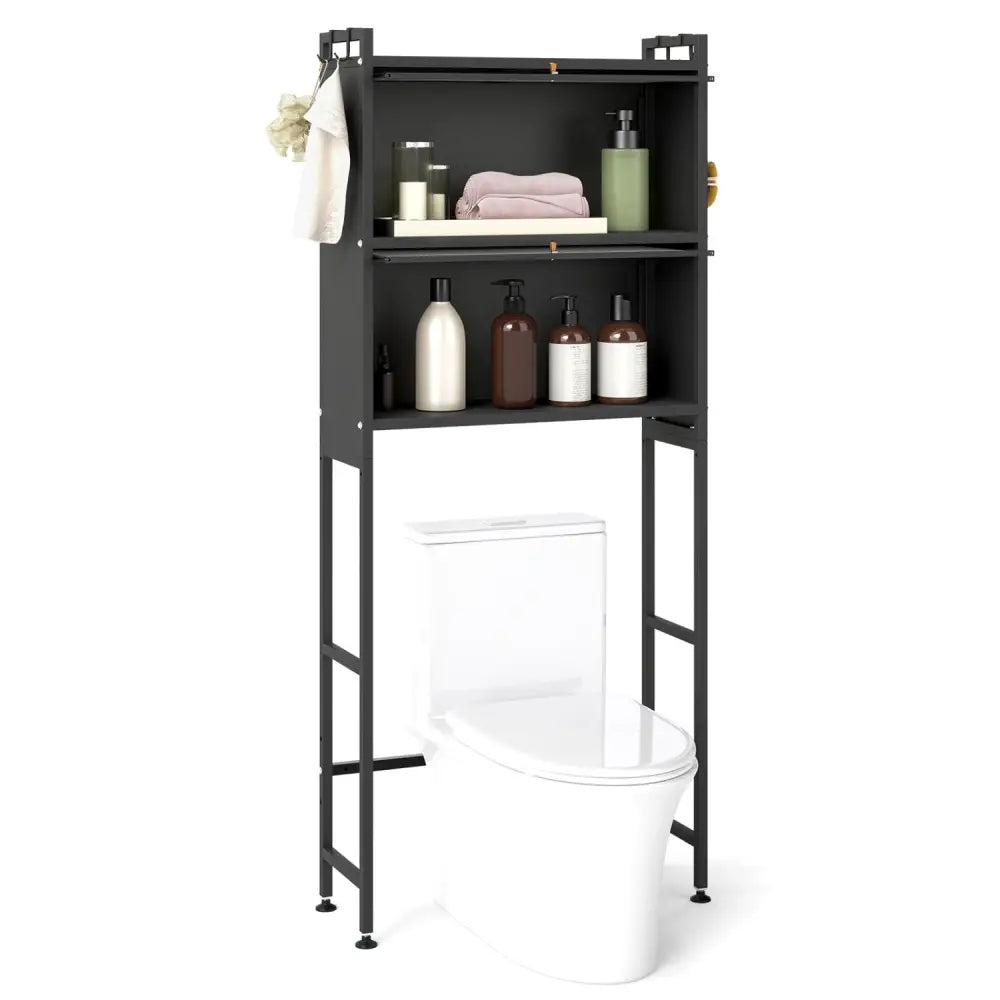Over-the-toilet Cabinet Bathroom Organizer with 2 Flip-up Cabinets-Black - Black - Over the Toilet Storage