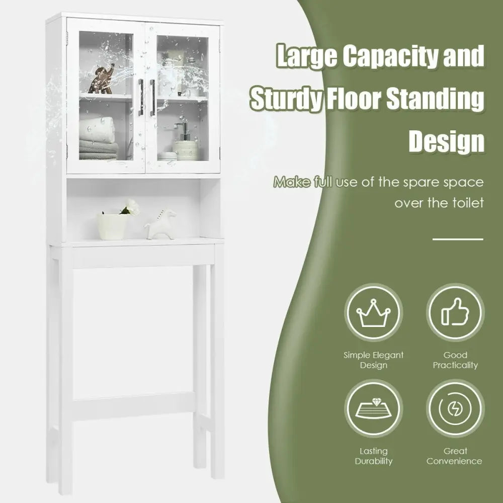 Over the Toilet Storage Cabinet Space Saver with Tempered Glass Door for Bathroom - White - Over the Toilet Storage