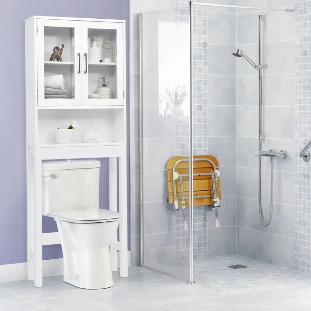 Over the Toilet Storage Cabinet Space Saver with Tempered Glass Door for Bathroom - White - Over the Toilet Storage