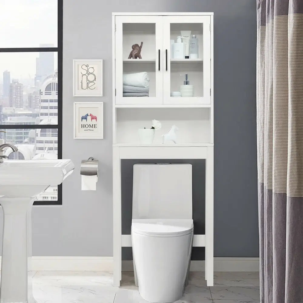 Over the Toilet Storage Cabinet Space Saver with Tempered Glass Door for Bathroom - White - Over the Toilet Storage
