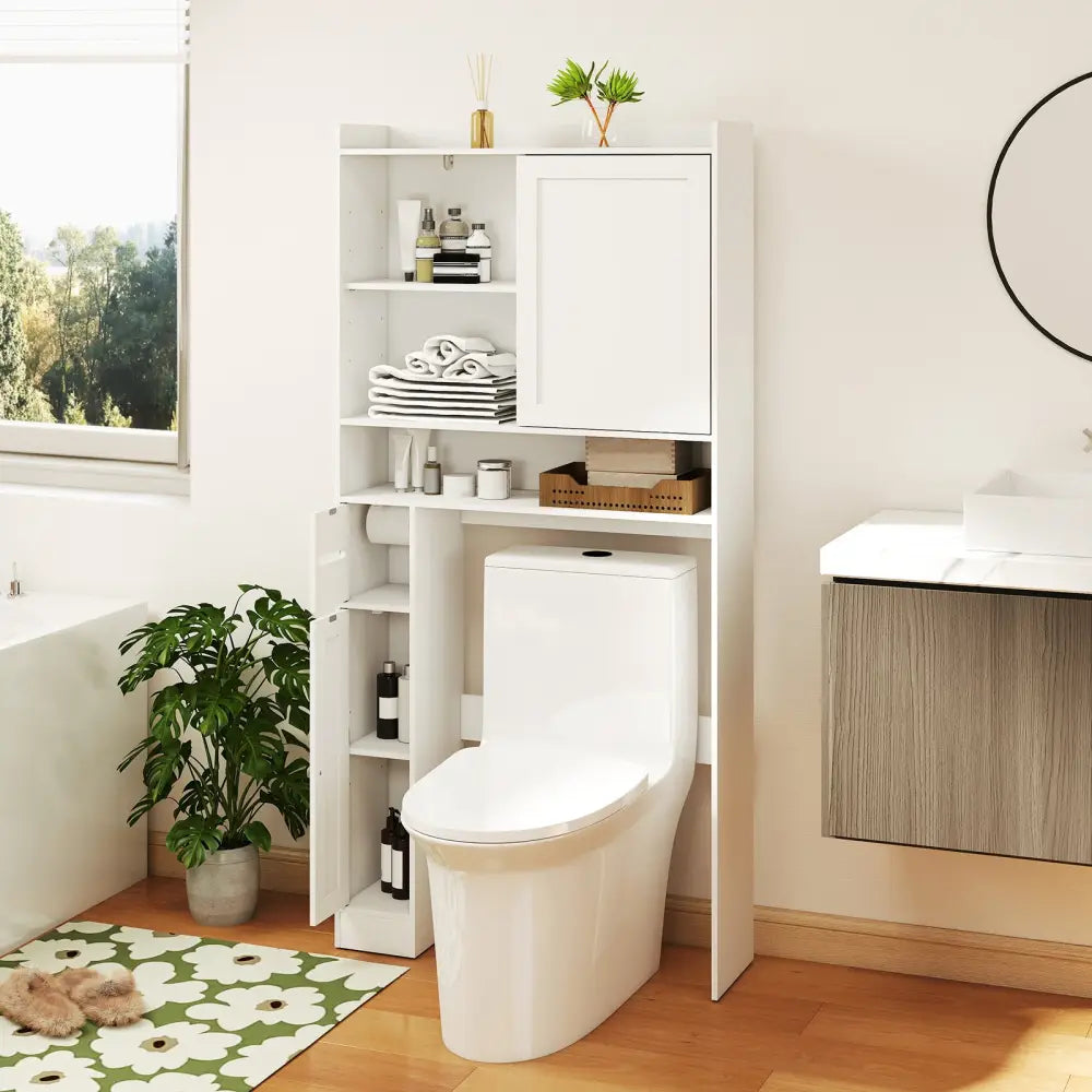 Over-the-Toilet Storage Cabinet Standing Toilet Rack with Sliding Door-White - White - Over the Toilet Storage