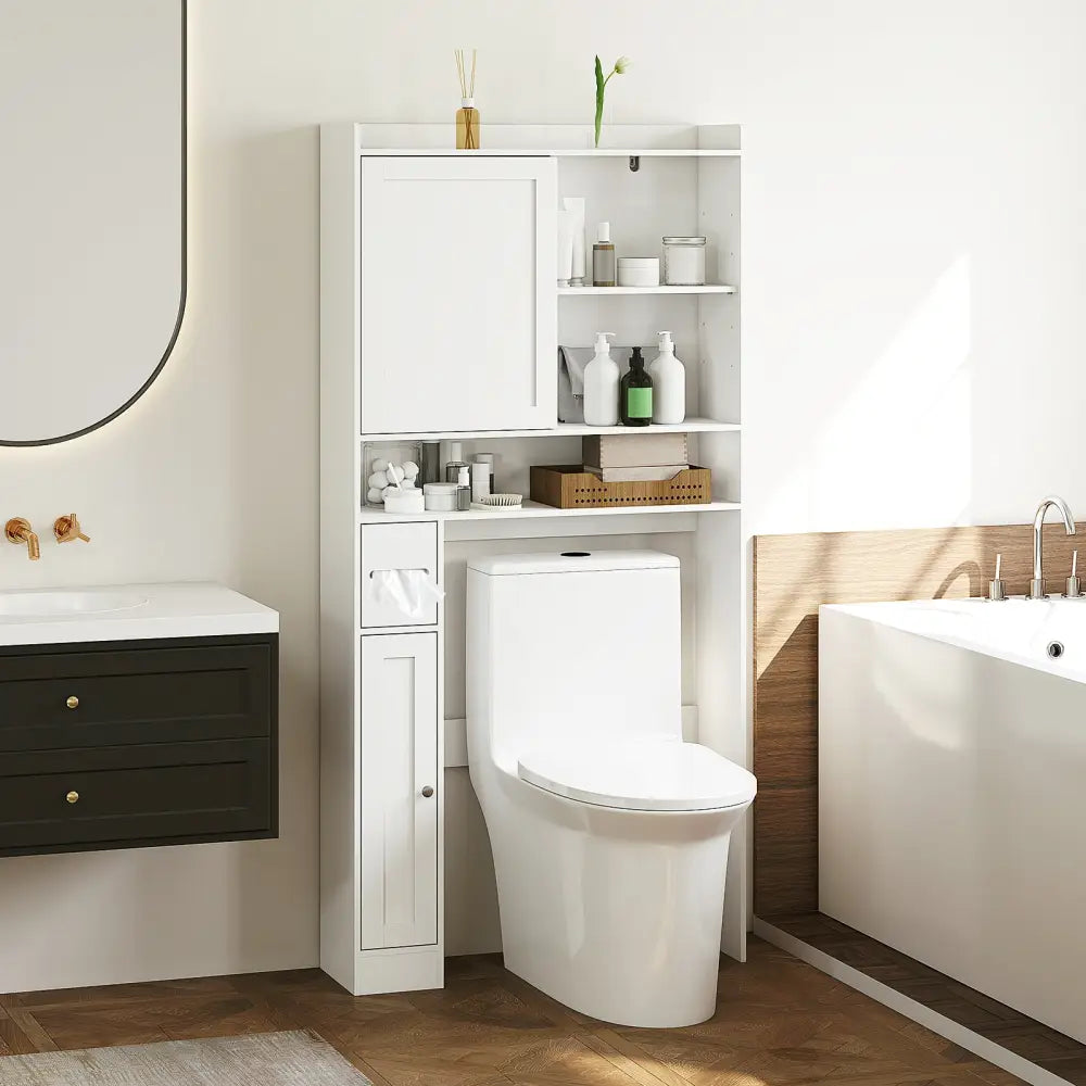 Over-the-Toilet Storage Cabinet Standing Toilet Rack with Sliding Door-White - White - Over the Toilet Storage