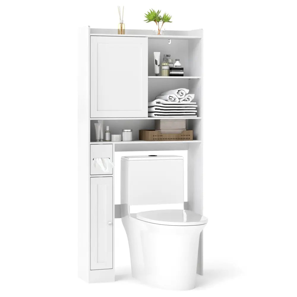 Over-the-Toilet Storage Cabinet Standing Toilet Rack with Sliding Door-White - White - Over the Toilet Storage