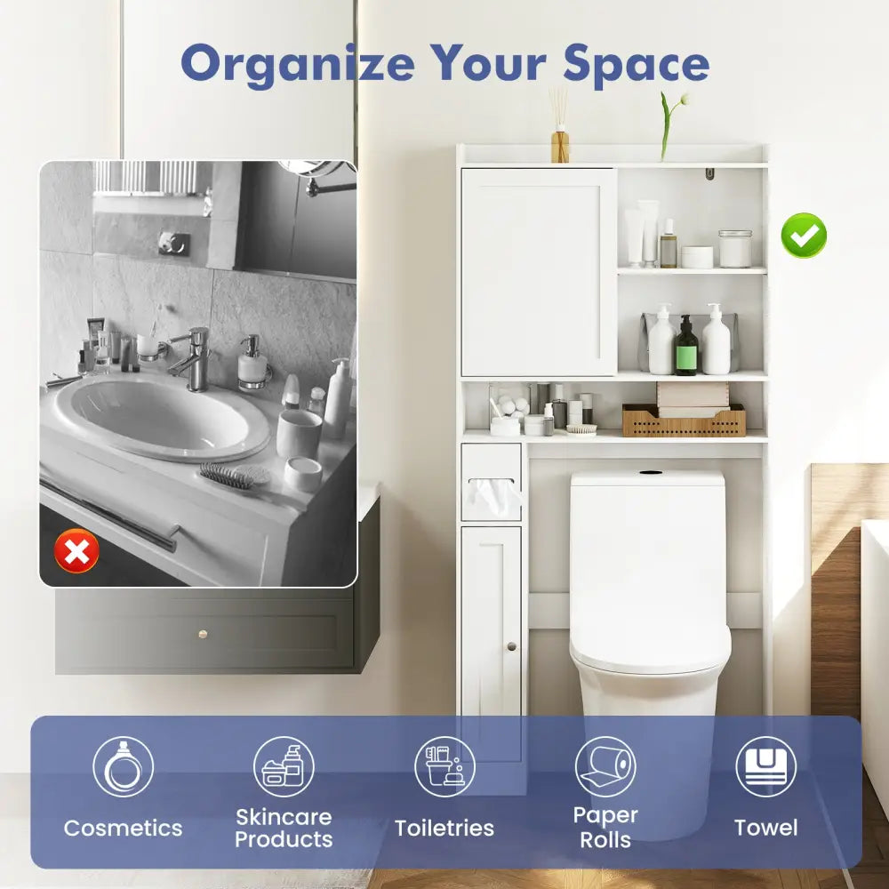 Over-the-Toilet Storage Cabinet Standing Toilet Rack with Sliding Door-White - White - Over the Toilet Storage