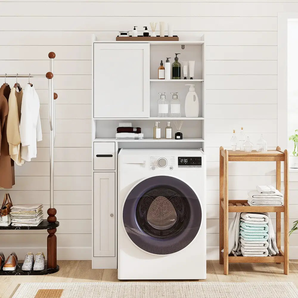 Over-the-Toilet Storage Cabinet Standing Toilet Rack with Sliding Door-White - White - Over the Toilet Storage