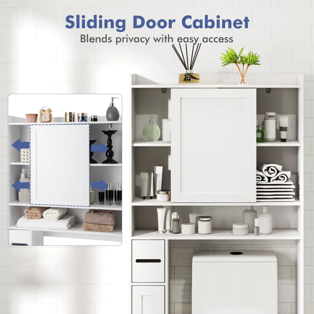 Over-the-Toilet Storage Cabinet Standing Toilet Rack with Sliding Door-White - White - Over the Toilet Storage