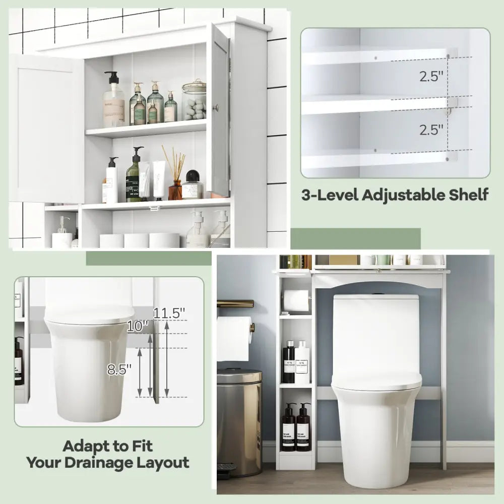 Over the Toilet Storage Cabinet with Adjustable Shelf and Bottom Bar-White - White - Over the Toilet Storage