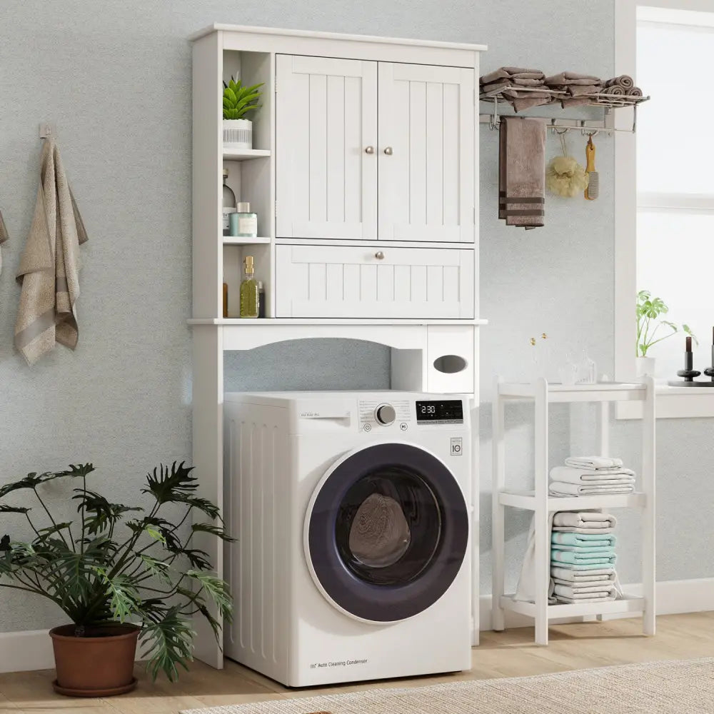 Over the Toilet Storage Cabinet with Adjustable Shelf and Bottom Bar-White - White - Over the Toilet Storage